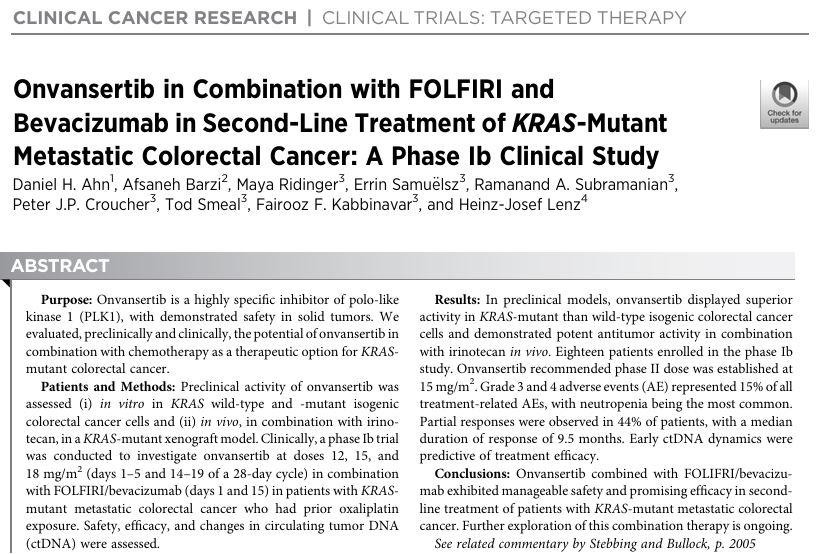 Onvansertib in Combination with FOLFIRI and Bevacizumab in Second-Line Treatment of KRAS-Mutant Metastatic Colorectal Cancer: A Phase Ib Clinical Study