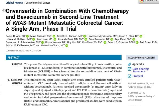 Onvansertib in Combination With Chemotherapy and Bevacizumab in Second-Line Treatment of KRAS-Mutant Metastatic Colorectal Cancer: A Single-Arm, Phase II Trial